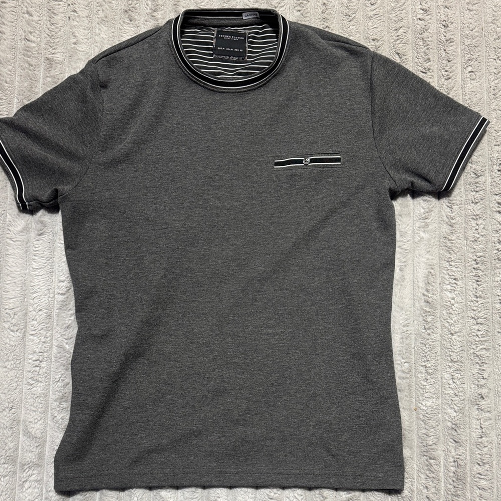 Denim & Flower Gray Tee with Striped Details